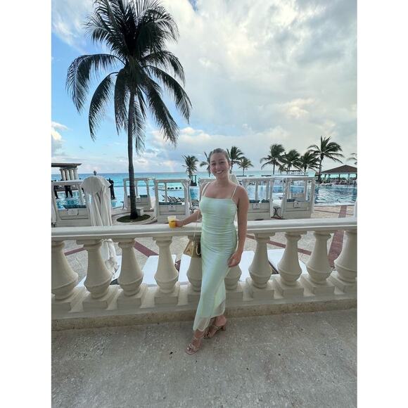 SIGNIFICANT OTHER Green Striped Mesh Square Neck Bodycon Verona Dress Size US 6 - Picture 4 of 14